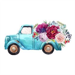 watercolor illustration blue pickup flowers peony svg, flower svg, flower truck svg, blue truck svg, peony svg, birthday