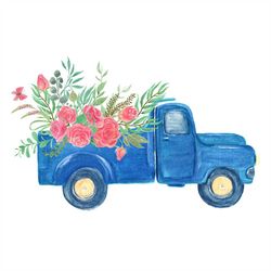 watercolor painting vintage truck flowers svg, flower svg, flower truck svg, blue truck svg, peony svg, vintage truck sv