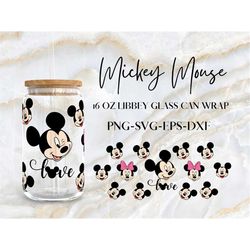 mickey mouse face 16 oz libbey glass can full wrap svg, minnie mouse glass can wrap png, beer can glass, digital downloa