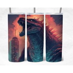 godzilla 20 oz skinny tumbler sublimation png, dinasour sublimation, flames skinny tumbler wrap, digital download