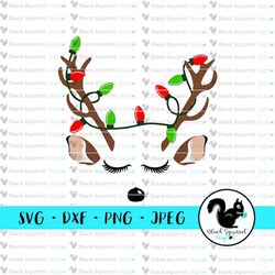reindeer face tangled lights antlers, rudolph, christmas ornament, santa's helper, svg clipart print and cut digital dow