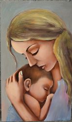 mom with a child. original art oil painting.