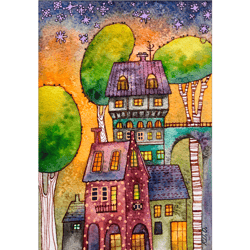 sunset city painting small original watercolor graphic art houses artwork gallery wall art by rubinova