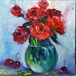 floral still life, oil painting, large strokes, impasto. gift for the interior. mini-painting.