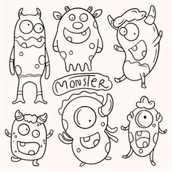 hand drawn monster doodle stickers svg bundle spooky halloween black and white cute characters clipart set illustration