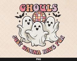 ghouls just wanna have fun png, retro pink halloween png, cute ghosts halloween design