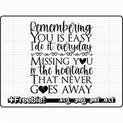 remembering you is easy missing you is the heartache that never goes away svg, png,memorial svg, rest in peace svg, in m