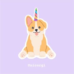 hand drawn cartoon corgi unicorn svg with colorful rainbow horn sticker adorable magic kawaii pet smiling dog illustrati