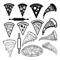 hand drawn pizza svg bundle cartoon design elements set digital illustration yammy poster vector silhouette cut files fo