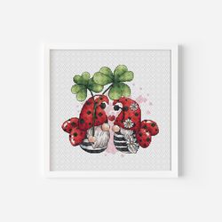 valentine gnomes cross stitch pattern pdf, ladybugs couple cross stitch, love cross stitch, instant download, cute gnome