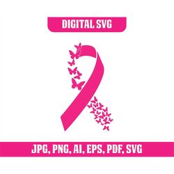 butterflies cancer ribbon svg, cancer memorial svg, cancer fundraiser svg, cancer awareness svg, pink ribbon svg, cancer