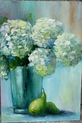 white flowers in a vase, green pears. oil painting