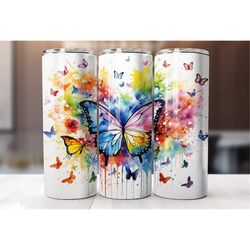 20 oz watercolor rainbow butterfly tumbler wrap, butterfly tumbler wrap, vibrant wrap, straight template, tapered, subli