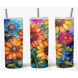 20 oz alcohol ink sunflower skinny tumbler wrap, sunflower wrap, floral tumbler wrap, straight template,tapered,sublimat