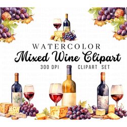 mixed wine watercolor clipart, cheese clipart, charcuterie board, wine watercolor clipart, cheese - lightspeedclubs