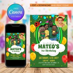 cocomelon birthday invitation with photo , cody family birthday invitation canva editable