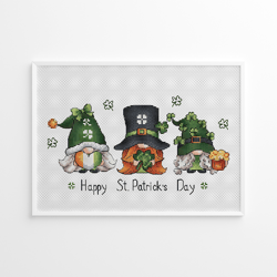 gnome cross stitch pattern pdf, st patricks gnomes counted cross stitch, cute gnome embroidery instant download file