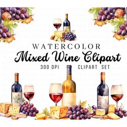 mixed wine watercolor clipart, cheese clipart, charcuterie board, wine watercolor clipart, cheese clipart, grape clipart