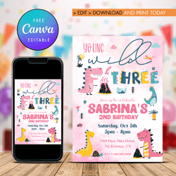 dinosaur girl birthday invitations, pink dinosaur invitation canva editable instant download