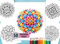 mandala coloring book, 50 printable pages for adult and kids, relaxation coloring pages, instant download mandala bundle