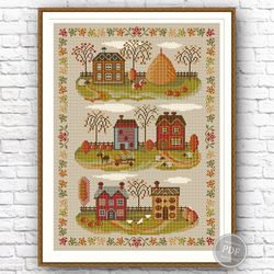 Sampler Autumn Village Cross Stitch Pattern Embroidery Digital PDF File Instant Download 352