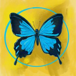 blue butterfly on yellow background art print original painting wall decor