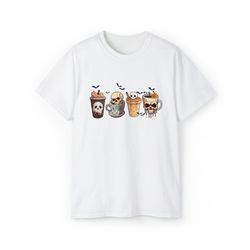 skeleton coffee cups shirt, coffee cups shirt, skull coffee cup shirt, scary coffee cup shirt