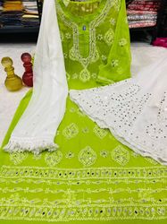 indian latest designer georgette lucknowi chiken and mirror work stitched kurti and sharara with dupatta
