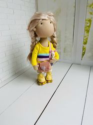 handmade doll. doll with roller skates. rag doll. tilda doll. soft doll. nursery decor doll. art collectible doll.