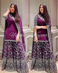 indian latest designer georgette heavy embroidery work sharara suits dress material with net dupatta