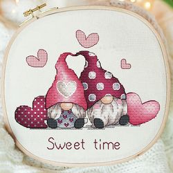 valentine gnomes cross stitch pattern pdf, gnome counted cross stitch, love cross stitch, instant download, cute gnome