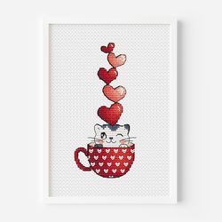 cat cross stitch pattern pdf, valentine's day cross stitch, instant download, love cross stitch, heart cross stitch