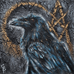 raven painting oil original modern fine art magic bird horse textured crow artwork on cardboard by ginna paola