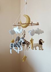 baby mobile neutral animals africa nursery mobile felt africa safari giraffe, lion,zebra, elephant, crib mobile moon, gi