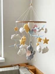 ready to send! crib mobile, elephant baby mobile, baby gift, elephant with balloons nursery decor felt crib mobile, hand