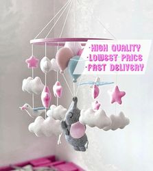 elephant baby mobile, crib mobile, nursery mobile, balloons baby mobile, custom girl baby mobile, baby gift, clouds, per