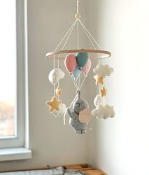 big campaign!!! elephant with balloons baby mobile, baby shower gift, nursery decor, girl cot, boy cot, crib mobile