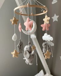 free shipping!! elephant baby mobile, handmade crib mobile, girl cot, boy cot, nursery mobile