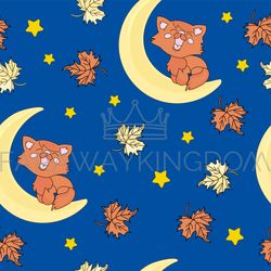 RED CAT Night Cartoon Seamless Pattern Vector Illustration