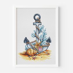 nautical anchor cross stitch design, ocean treasures cross stitch pattern nautical decor instant download digital file