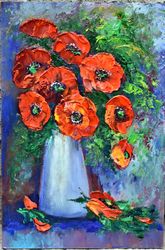 poppies are red in a vase. oil painting.