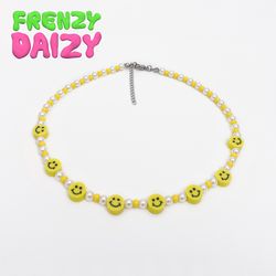 yellow smile necklace of shell pearls and bright czech beads unise