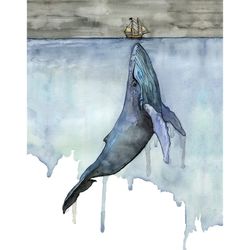 whale painting, watercolor painting, whale print, whale and boat, whale art, whale nursery, humpback whale, print titled
