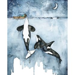 orca painting, watercolor painting, whale painting, orca and girl, killer whale, whale nursery, whale print, boy and gir
