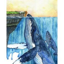 whale art, watercolor painting, whale painting, whale and girl, whale print, nursery art, humpback whale, print titled,