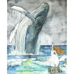 whale and dancer painting - print of whale and girl, whale painting, whale art, whale print, nursery art, humpback whale
