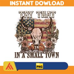 try that in a small town png, cow skull small town png, retro country shirt png, country music, american flag