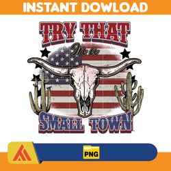 try that in a small town png, cow skull small town png, retro country shirt png, country music, american flag