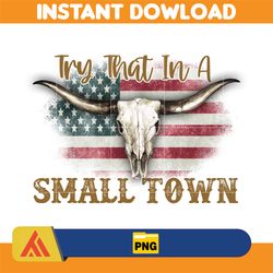 try that in a small town png, cow skull small town png, retro country shirt png, country music, american flag