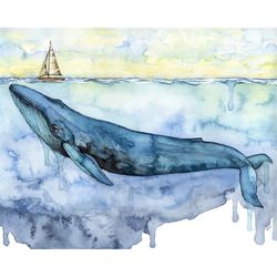 whale painting - print of blue whale under sailboat, watercolor painting, whale art